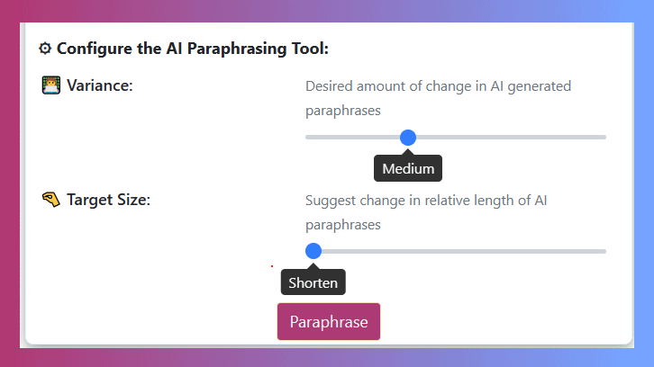 Paraphrasing controls available for the Sassbook AI Paraphraser, the automatic paraphrasing tool that works for every use case